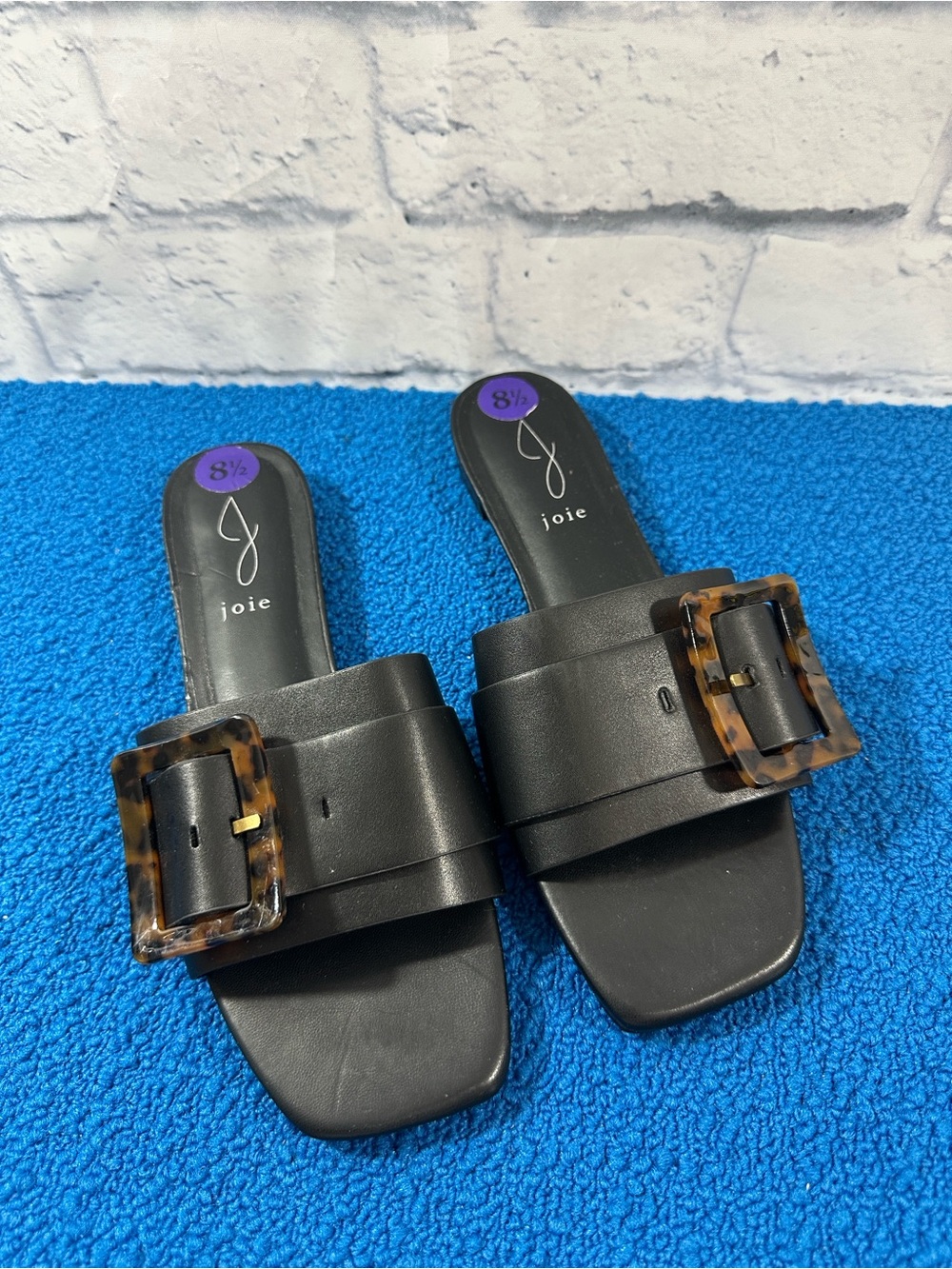 Joie Paige Womens Black Leather Tortoiseshell Buckle Slide Sandals Sz 8.5M